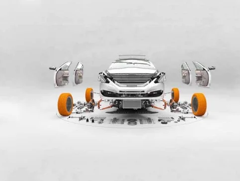 Vue éclatée d'une voiture avec portes, roues et pièces détachées, illustrant la structure et les composants du véhicule.