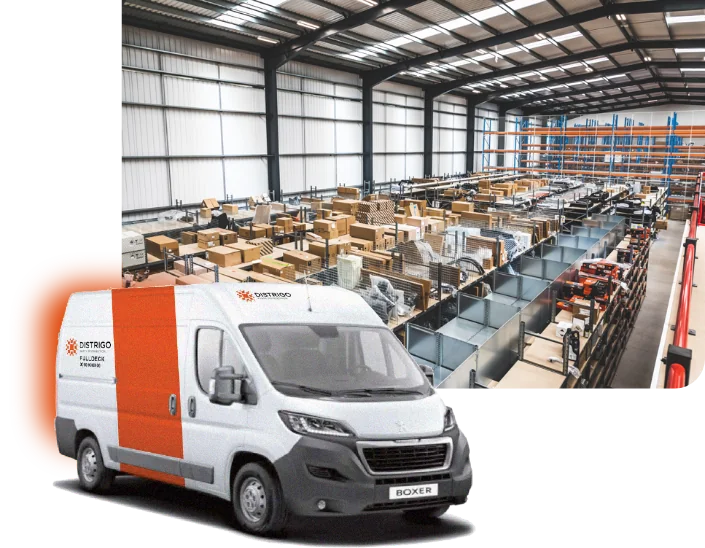 Entrepôt de pièces auto et camionnette Distrigo illustrant la livraison rapide aux garages professionnels en Belgique.