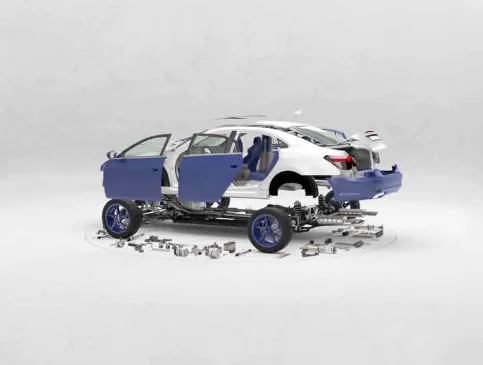 Vue éclatée d'une voiture avec portes, roues et pièces détachées, illustrant la structure et les composants du véhicule.