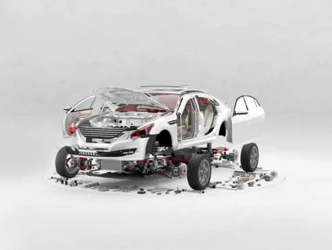 Vue éclatée d'une voiture avec portes, roues et pièces détachées, illustrant la structure et les composants du véhicule.