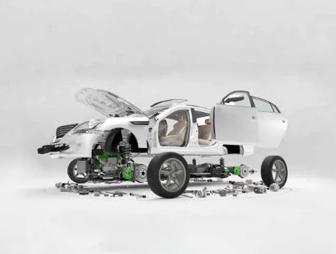 Vue éclatée d'une voiture avec portes, roues et pièces détachées, illustrant la structure et les composants du véhicule.